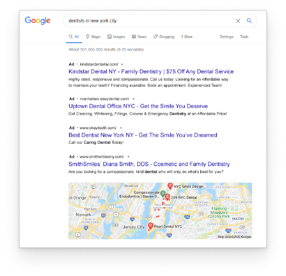 Google paid search results for dentists