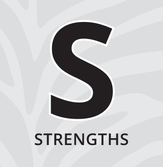 Each letter that spells out SWOT, short for strengths, weaknesses, opportunities and threats